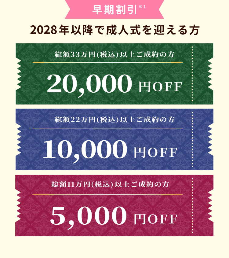 早期割引 ※1 2027年以降で成人式を迎える方 総額33万円（税込）以上ご成約の方 20,000円OFF 総額22万円（税込）以上ご成約の方 10,000円OFF 総額11万円（税込）以上ご成約の方 5,000円OFF