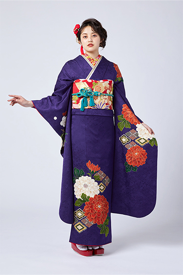 【正絹 京友禅】紫×朱色と白の菊の花のコントラストが美しく、大正モダンな印象