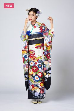 No.1027 【正絹 京友禅】白地のなかにグレーの流水文様と紅型調の 