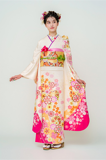 【大大大セール対象】【正絹 京友禅】流れるように配された小ぶりの桜が上品な、白×ピンクの王道かわいい装い