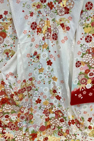 P1114　正絹　白　古典花柄