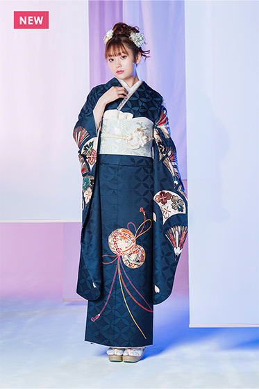 【正絹 京友禅】知性的な印象の濃紺にシンプルに描かれた絵柄、すっきりと美しい一着