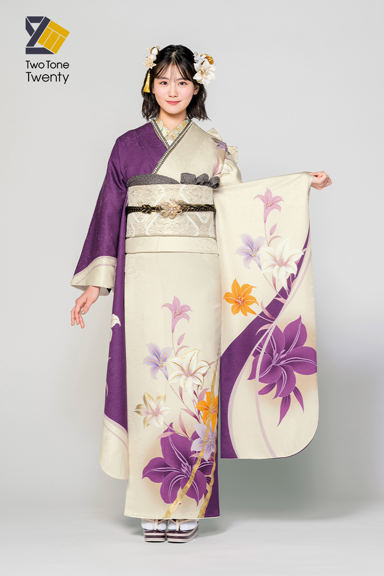 美品　振袖　フルセット　紫　青　百合　蝶々　梅の花　金彩　正絹　長襦袢付　成人式 nr-38_11.jpg