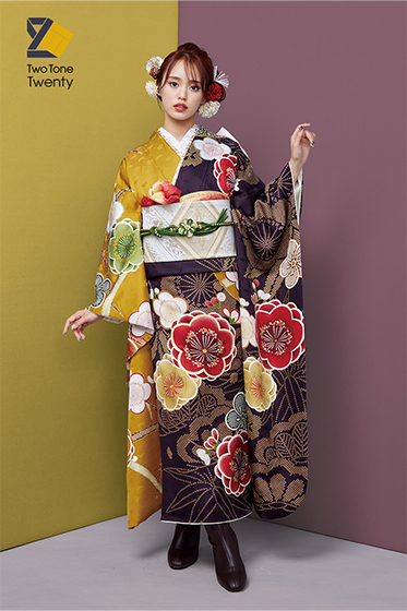 【新品/京友禅】黄×茶でレトロモダンに、大輪の梅の花々を大人の配色で着こなして