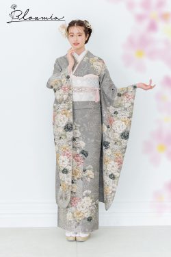 友禅　梅花　菊花　牡丹　くすみブルー　振袖　着物　012a p No.1191 【新品/京友禅】【オリジナルブランド】グレーに広がる牡丹が
