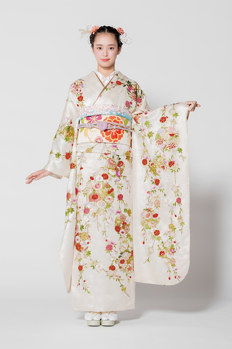 No.606370 【新品振袖/総刺繍 尾峨佐染繍】【白】白地に映える彩りの 