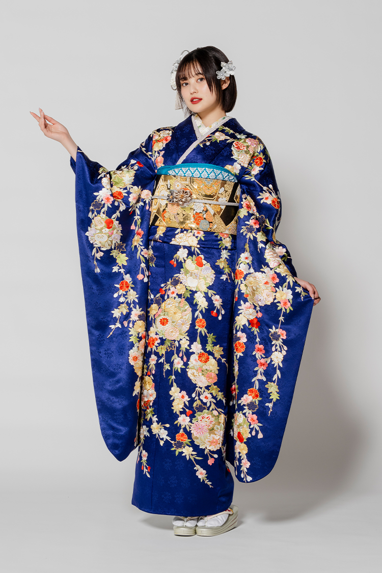 No.606014 【新品振袖/総刺繍 尾峨佐染繍】【紺・青】気品ある濃紺に 