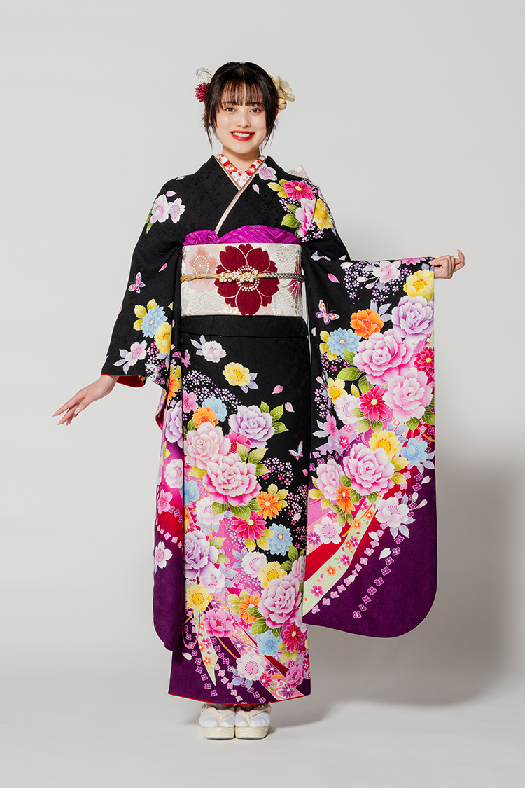 No.66497 【お仕立上り/京友禅】黒地にぱっと咲いたピンクの薔薇