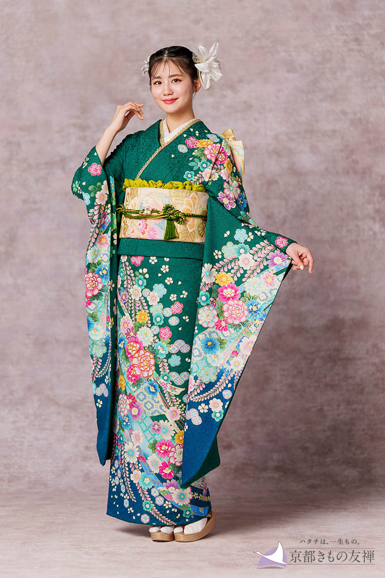 【新品振袖/京友禅】【緑】深緑に咲く牡丹や流れる藤の花が爽やかで上品な、好感度抜群の王道フェミニンスタイル