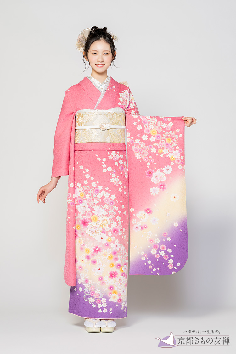 【お仕立上り振袖/京友禅】【ピンク】愛らしいピンクからパープルへのグラデーションに咲く小さな桜文様が可憐な、甘く爽やかな甘口グラデスタイル / 2枚目